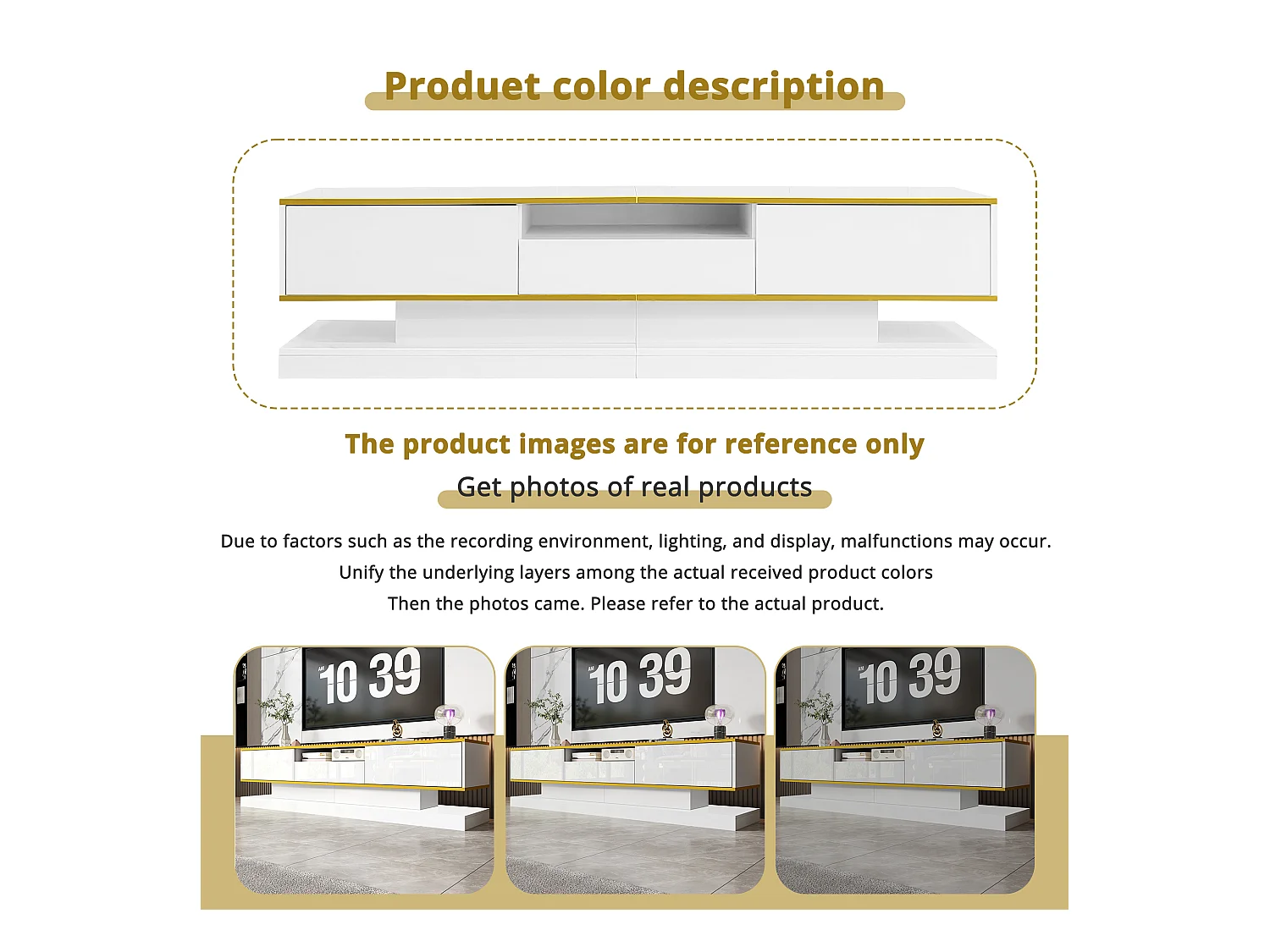 Meuble TV moderne - 180 x 38 x 45 cm - avec 3 tiroirs - finition brillante + Leds - aggloméré - blanc