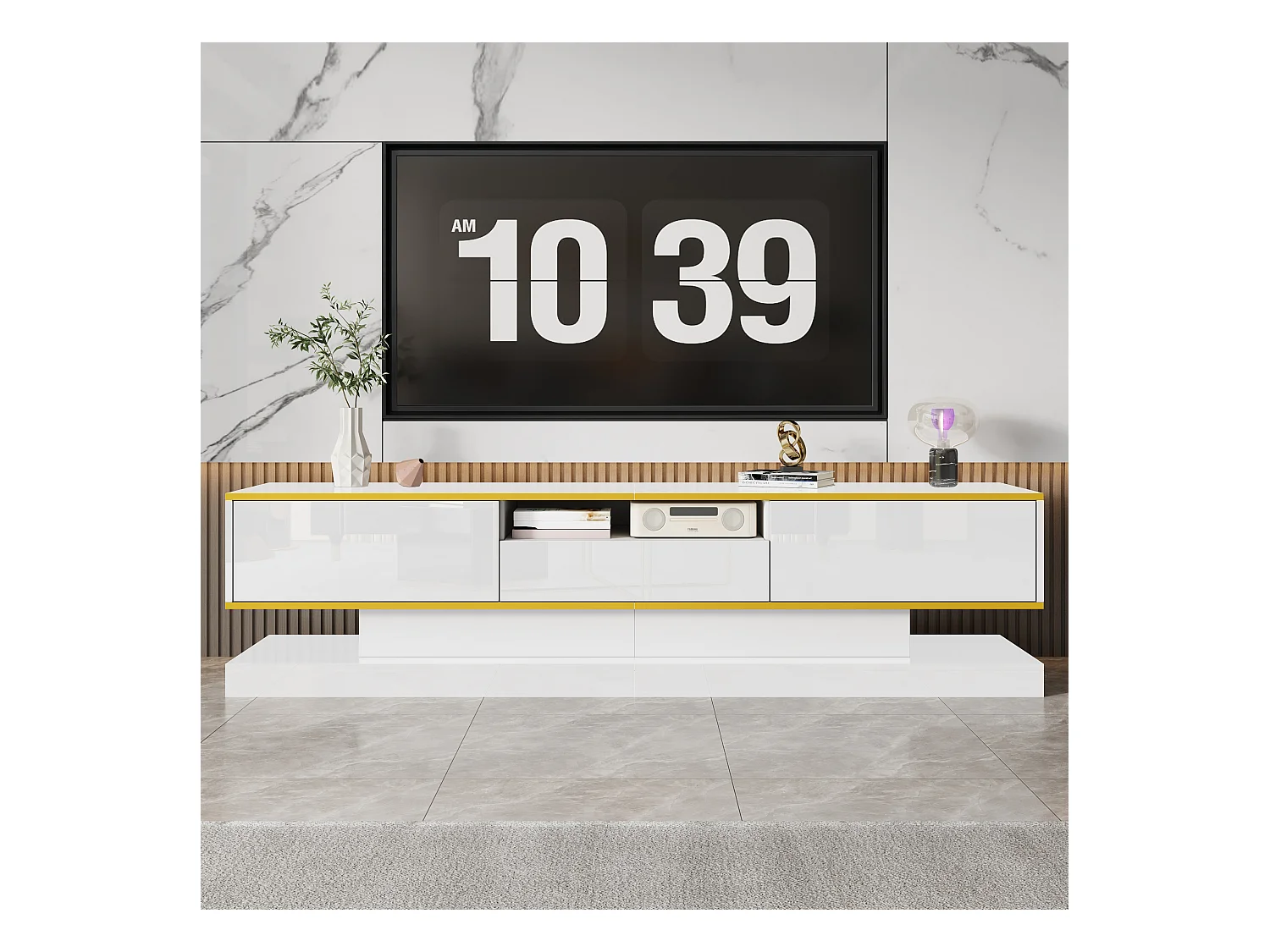 Modernes TV-Lowboard – 180 x 38 x 45 cm – mit 3 Schubladen – Hochglanz + LEDs – Spanplatte – Weiß