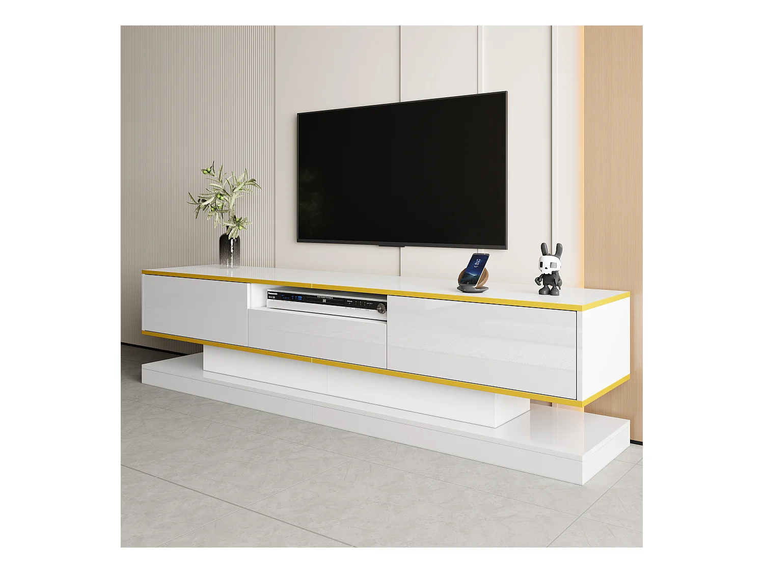 Modernes TV-Lowboard – 180 x 38 x 45 cm – mit 3 Schubladen – Hochglanz + LEDs – Spanplatte – Weiß