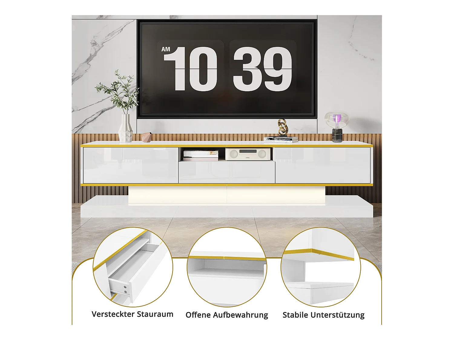 Modernes TV-Lowboard – 180 x 38 x 45 cm – mit 3 Schubladen – Hochglanz + LEDs – Spanplatte – Weiß