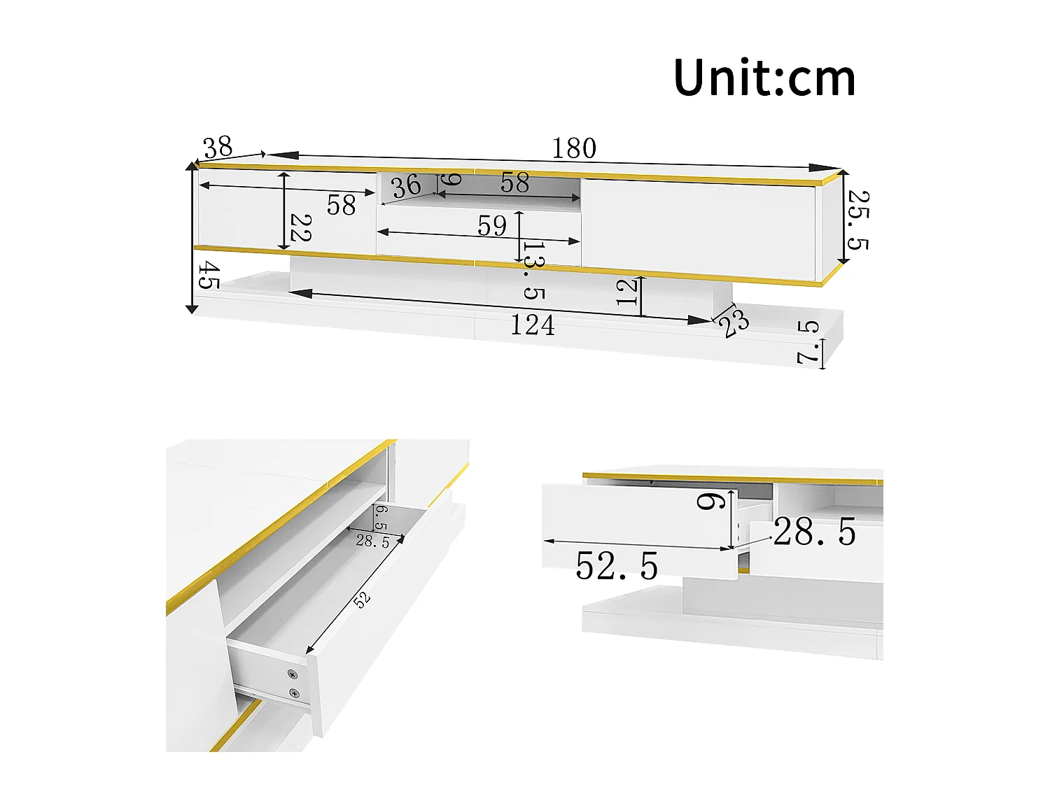 Modernes TV-Lowboard – 180 x 38 x 45 cm – mit 3 Schubladen – Hochglanz + LEDs – Spanplatte – Weiß