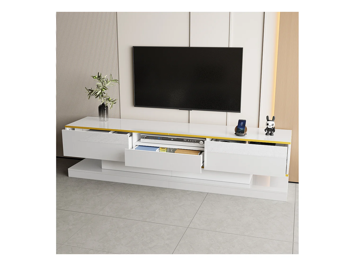 Modernes TV-Lowboard – 180 x 38 x 45 cm – mit 3 Schubladen – Hochglanz + LEDs – Spanplatte – Weiß