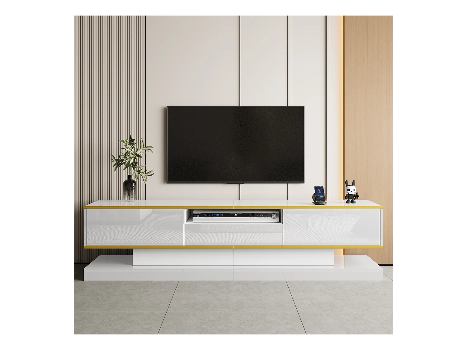 Modernes TV-Lowboard – 180 x 38 x 45 cm – mit 3 Schubladen – Hochglanz + LEDs – Spanplatte – Weiß