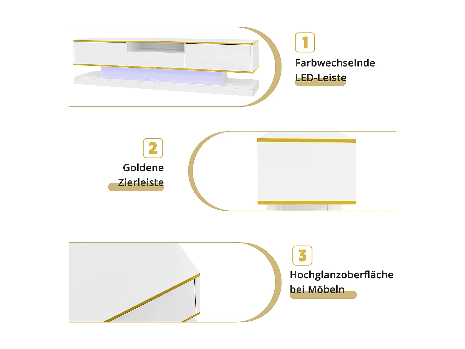 Mobile TV moderno - 180 x 38 x 45 cm - con 3 cassetti - Finitura lucida + LED - Truciolato - Bianco
