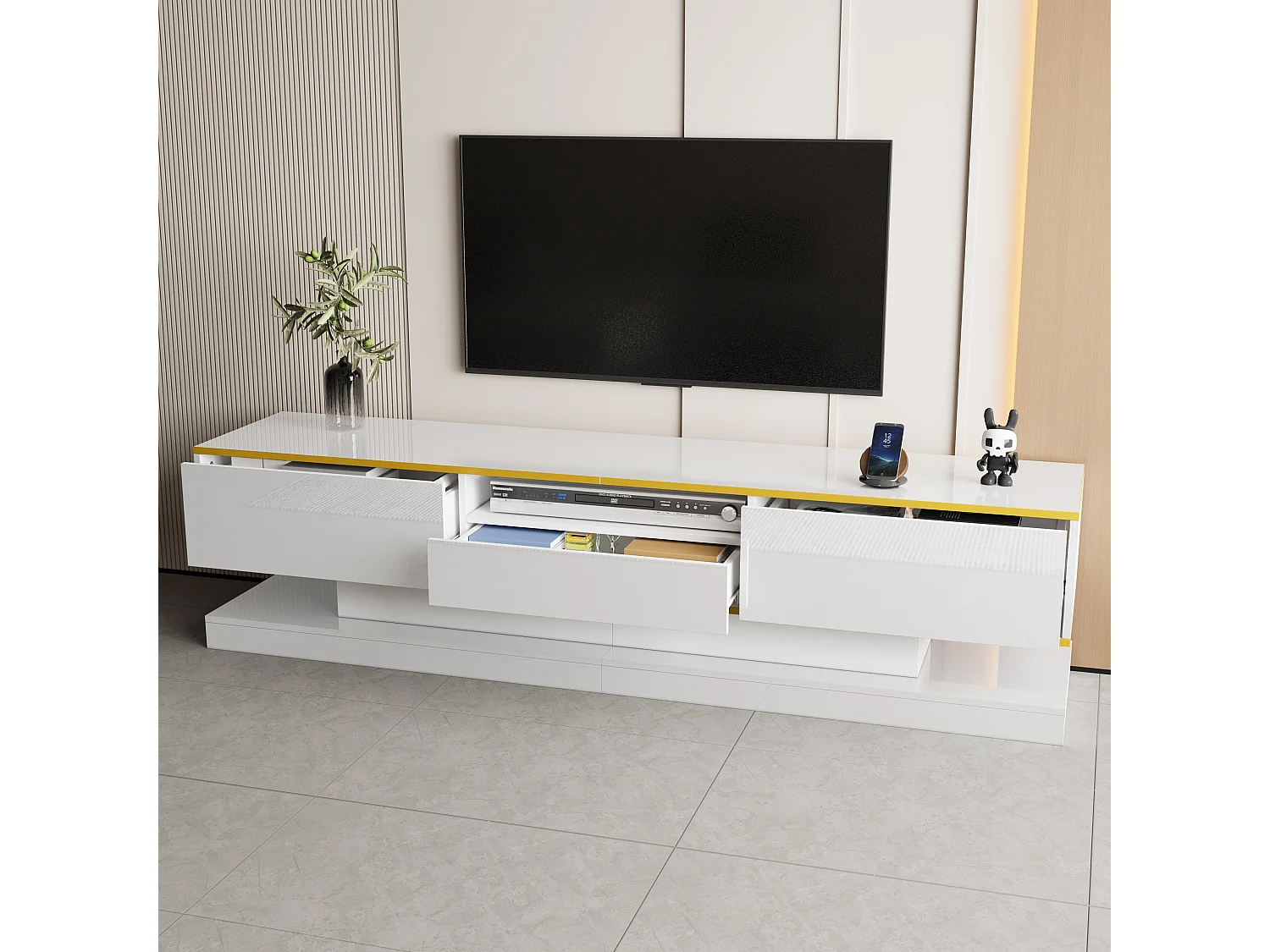 Mobile TV moderno - 180 x 38 x 45 cm - con 3 cassetti - Finitura lucida + LED - Truciolato - Bianco