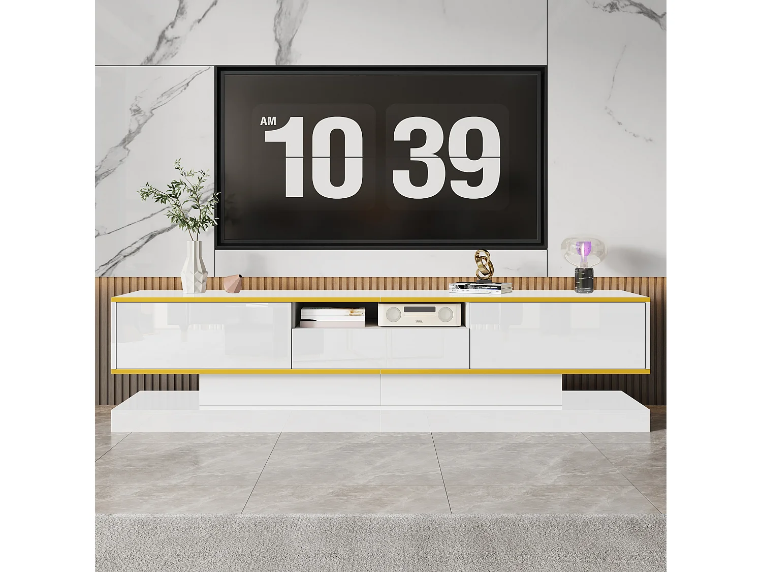 Mobile TV moderno - 180 x 38 x 45 cm - con 3 cassetti - Finitura lucida + LED - Truciolato - Bianco