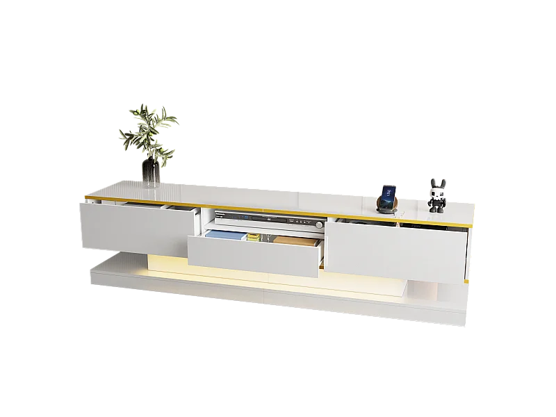 Modernes TV-Lowboard – 180 x 38 x 45 cm – mit 3 Schubladen – Hochglanz + LEDs – Spanplatte – Weiß