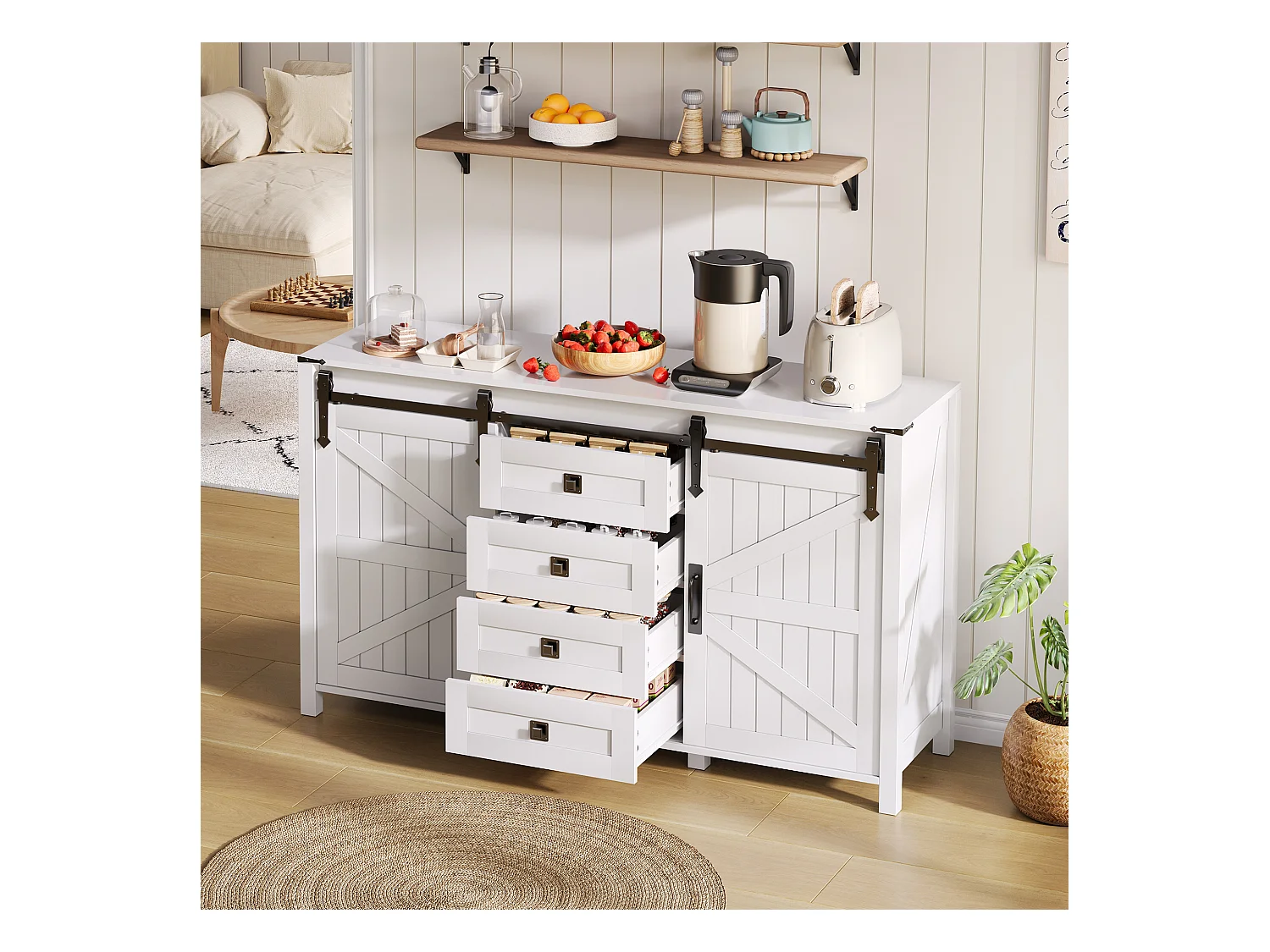 Buffet moderne - 137 x 40 x 81.5 cm - avec 2 portes coulissantes + 4 tiroirs - MDF - blanc