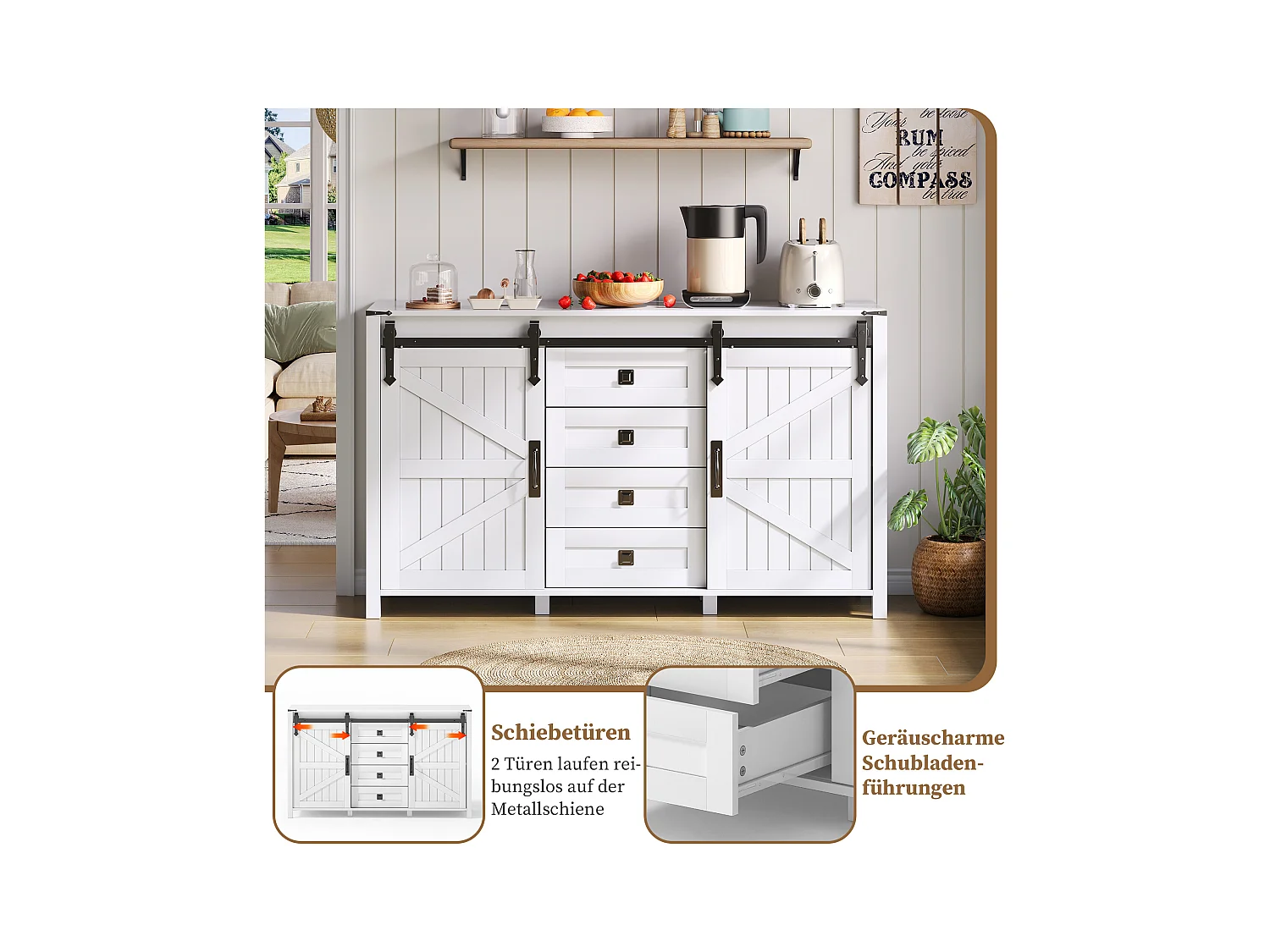 Buffet moderne - 137 x 40 x 81.5 cm - avec 2 portes coulissantes + 4 tiroirs - MDF - blanc