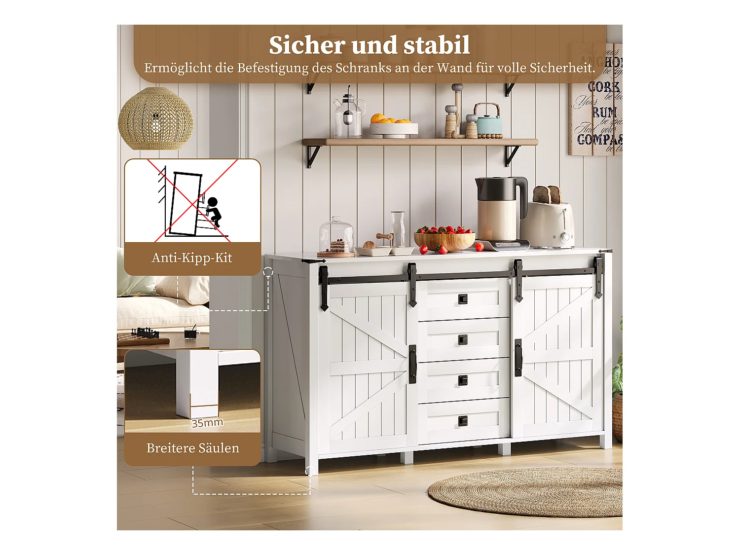 Buffet moderne - 137 x 40 x 81.5 cm - avec 2 portes coulissantes + 4 tiroirs - MDF - blanc