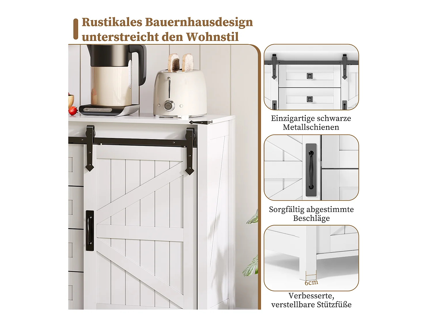 Buffet moderne - 137 x 40 x 81.5 cm - avec 2 portes coulissantes + 4 tiroirs - MDF - blanc