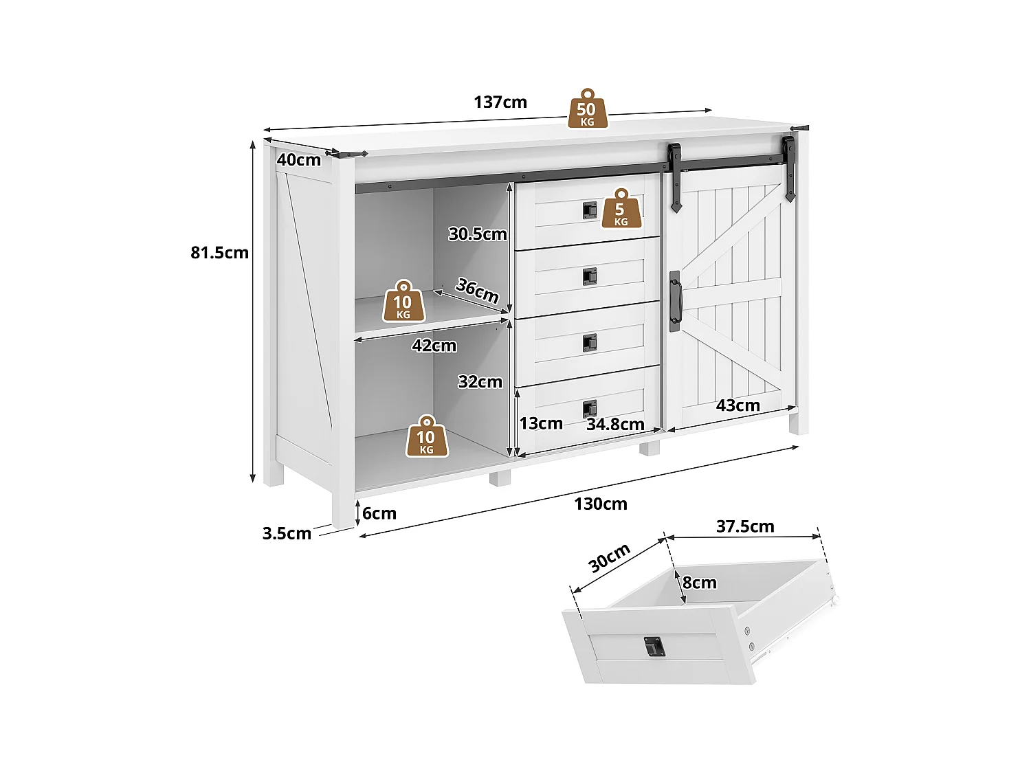 Buffet moderne - 137 x 40 x 81.5 cm - avec 2 portes coulissantes + 4 tiroirs - MDF - blanc