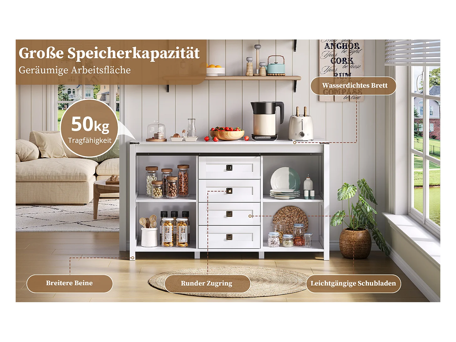 Buffet moderne - 137 x 40 x 81.5 cm - avec 2 portes coulissantes + 4 tiroirs - MDF - blanc