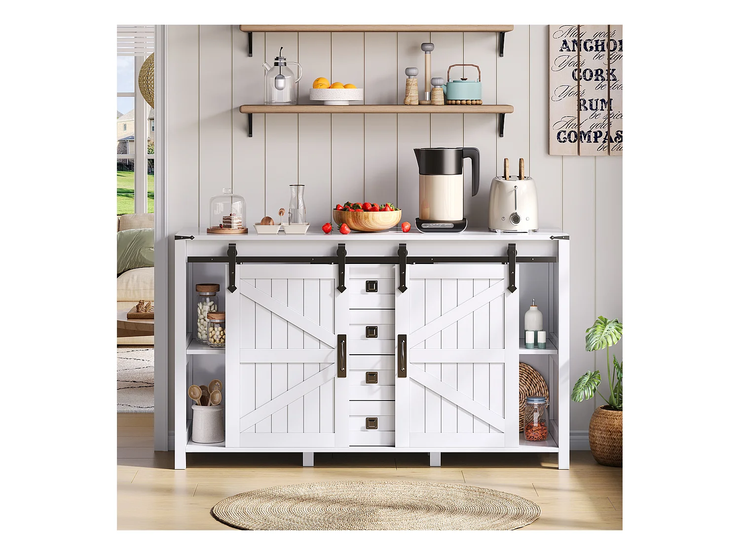 Buffet moderne - 137 x 40 x 81.5 cm - avec 2 portes coulissantes + 4 tiroirs - MDF - blanc
