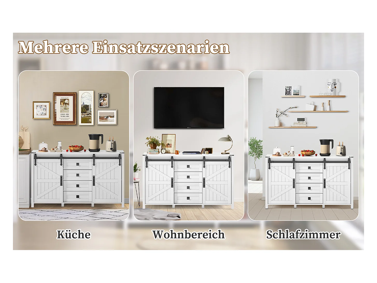 Buffet moderne - 137 x 40 x 81.5 cm - avec 2 portes coulissantes + 4 tiroirs - MDF - blanc