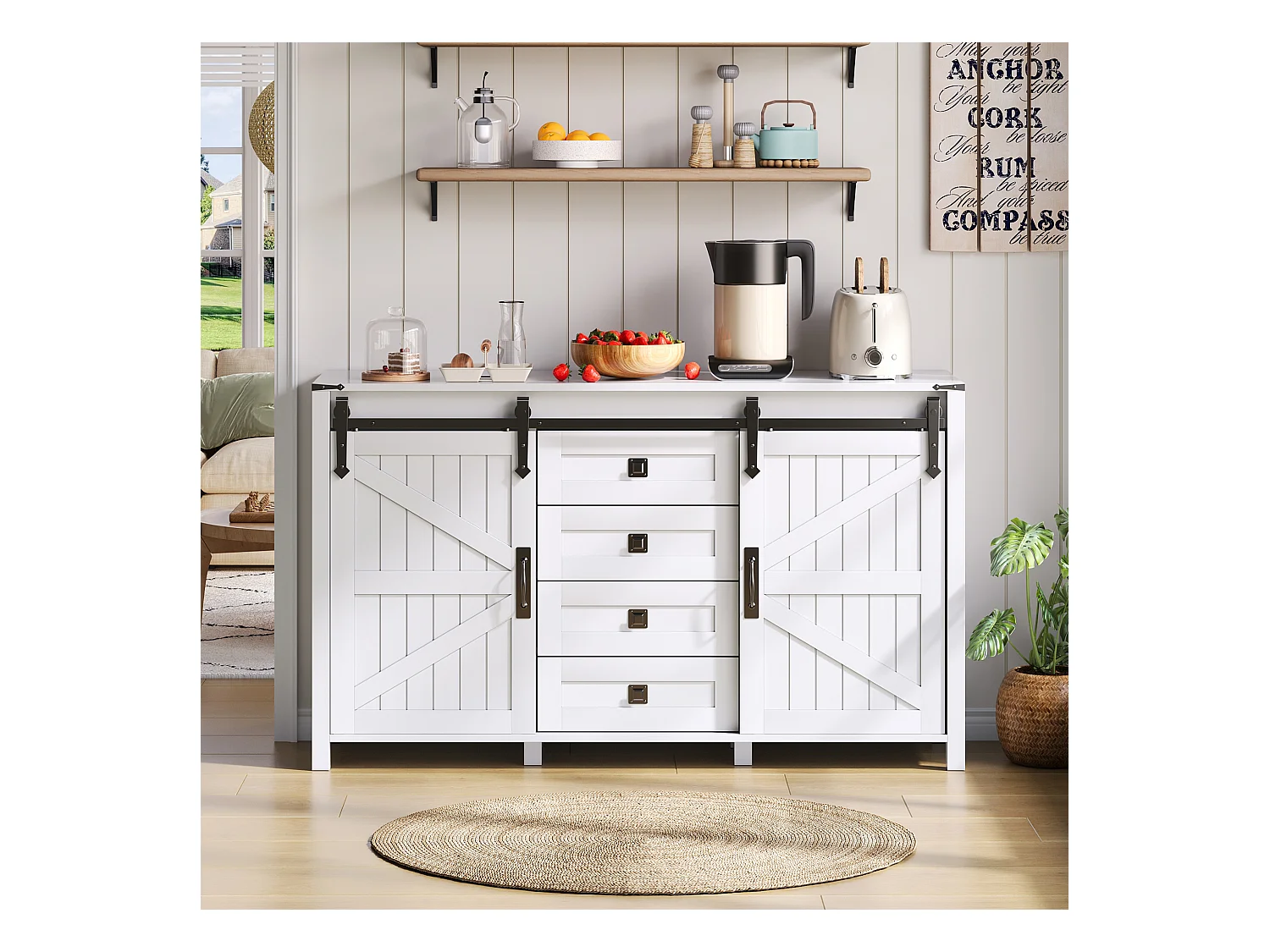 Buffet moderne - 137 x 40 x 81.5 cm - avec 2 portes coulissantes + 4 tiroirs - MDF - blanc
