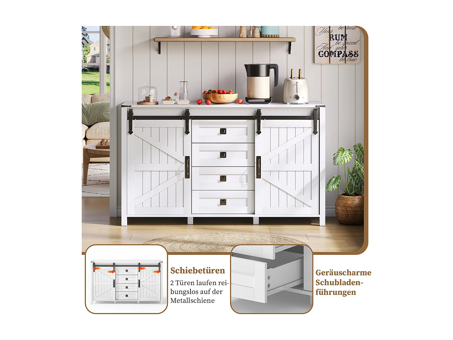 Buffet moderne - 137 x 40 x 81.5 cm - avec 2 portes coulissantes + 4 tiroirs - MDF - blanc