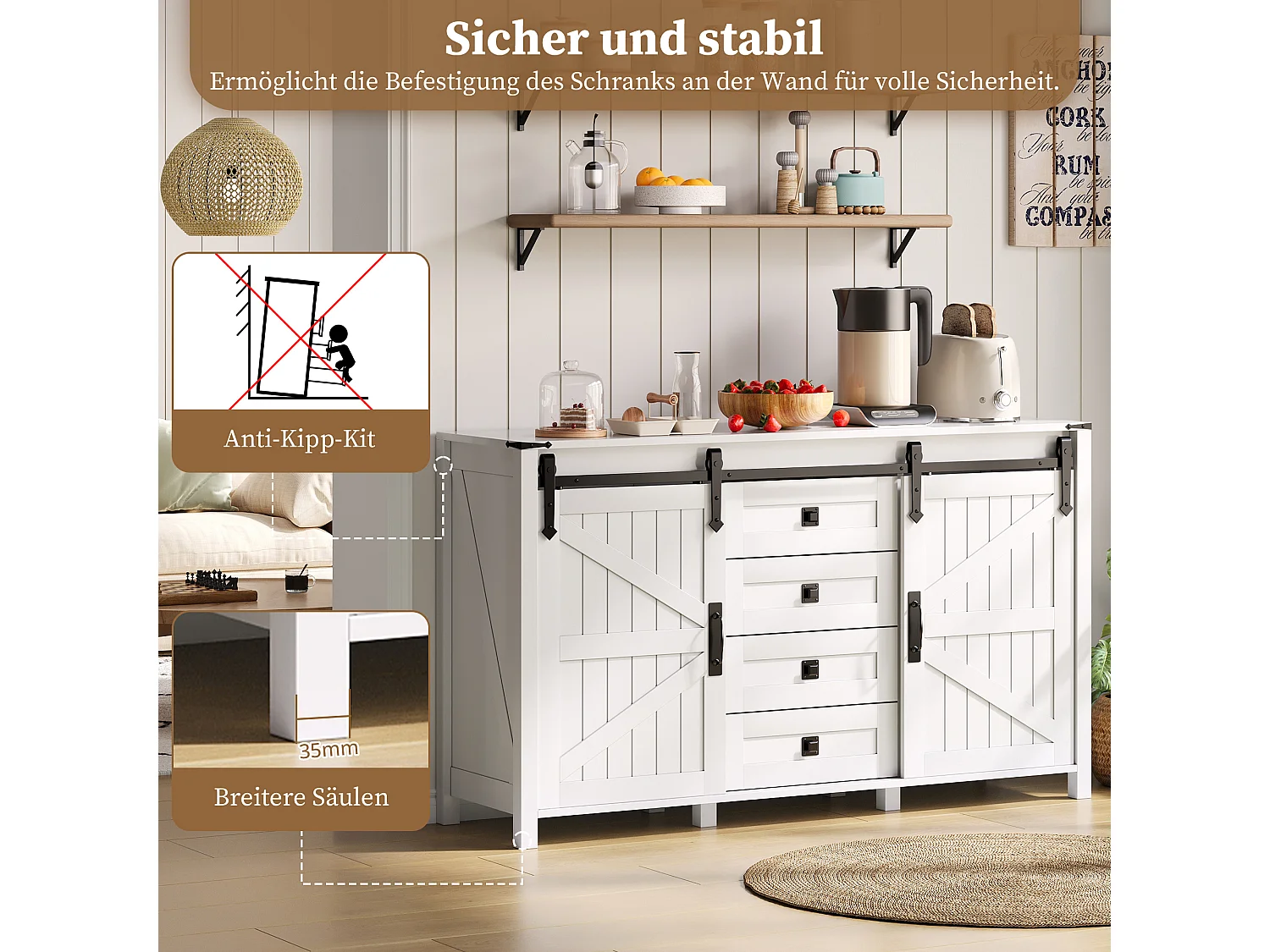 Buffet moderne - 137 x 40 x 81.5 cm - avec 2 portes coulissantes + 4 tiroirs - MDF - blanc