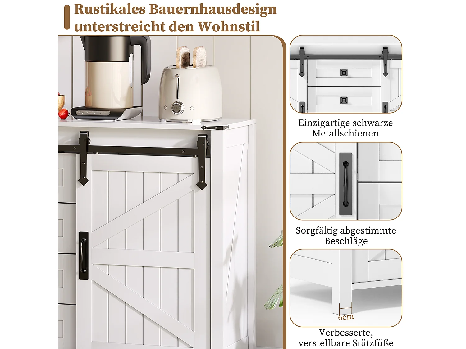Buffet moderne - 137 x 40 x 81.5 cm - avec 2 portes coulissantes + 4 tiroirs - MDF - blanc