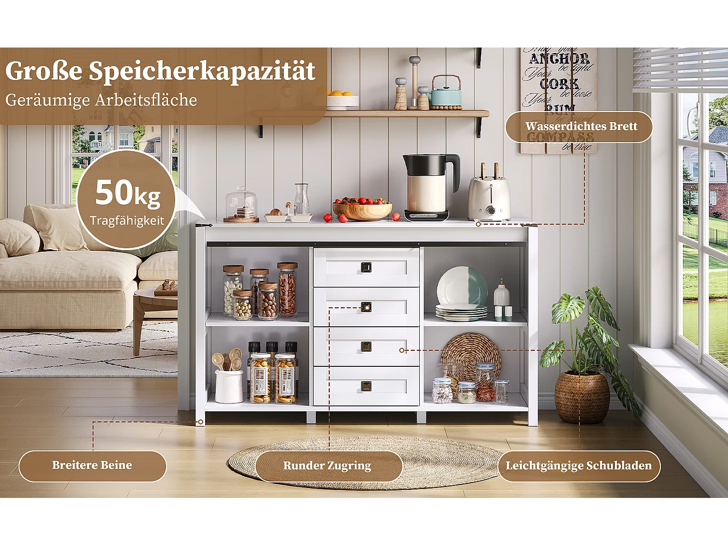 Buffet moderne - 137 x 40 x 81.5 cm - avec 2 portes coulissantes + 4 tiroirs - MDF - blanc