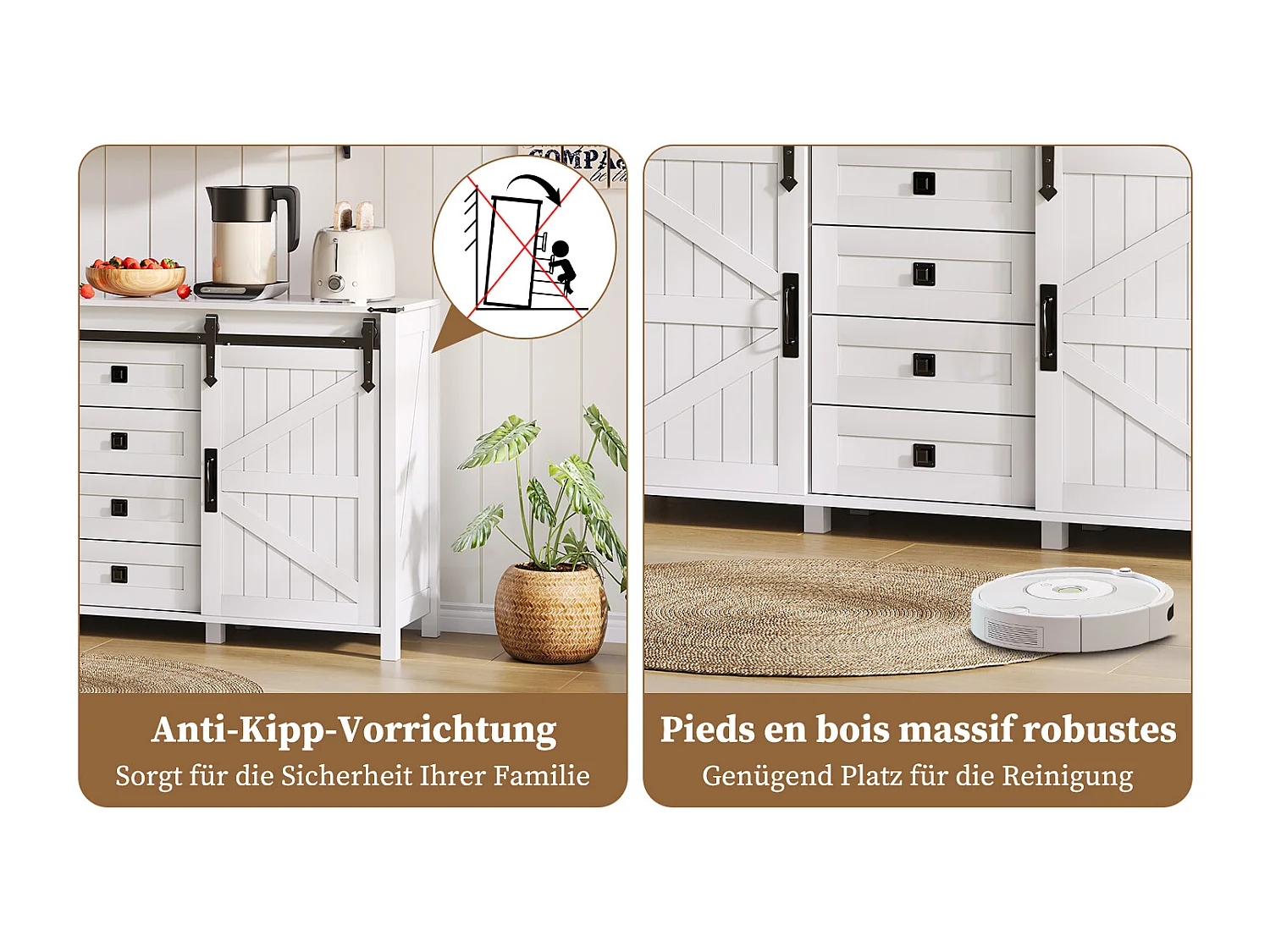 Buffet moderne - 137 x 40 x 81.5 cm - avec 2 portes coulissantes + 4 tiroirs - MDF - blanc