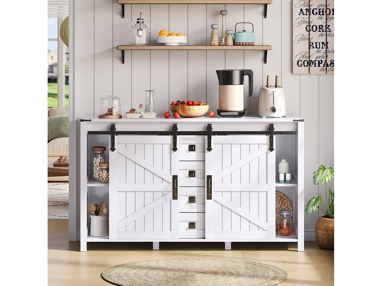 Buffet moderne - 137 x 40 x 81.5 cm - avec 2 portes coulissantes + 4 tiroirs - MDF - blanc