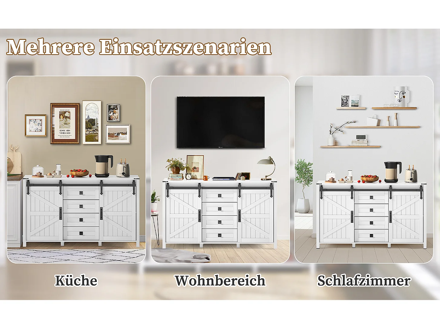 Buffet moderne - 137 x 40 x 81.5 cm - avec 2 portes coulissantes + 4 tiroirs - MDF - blanc
