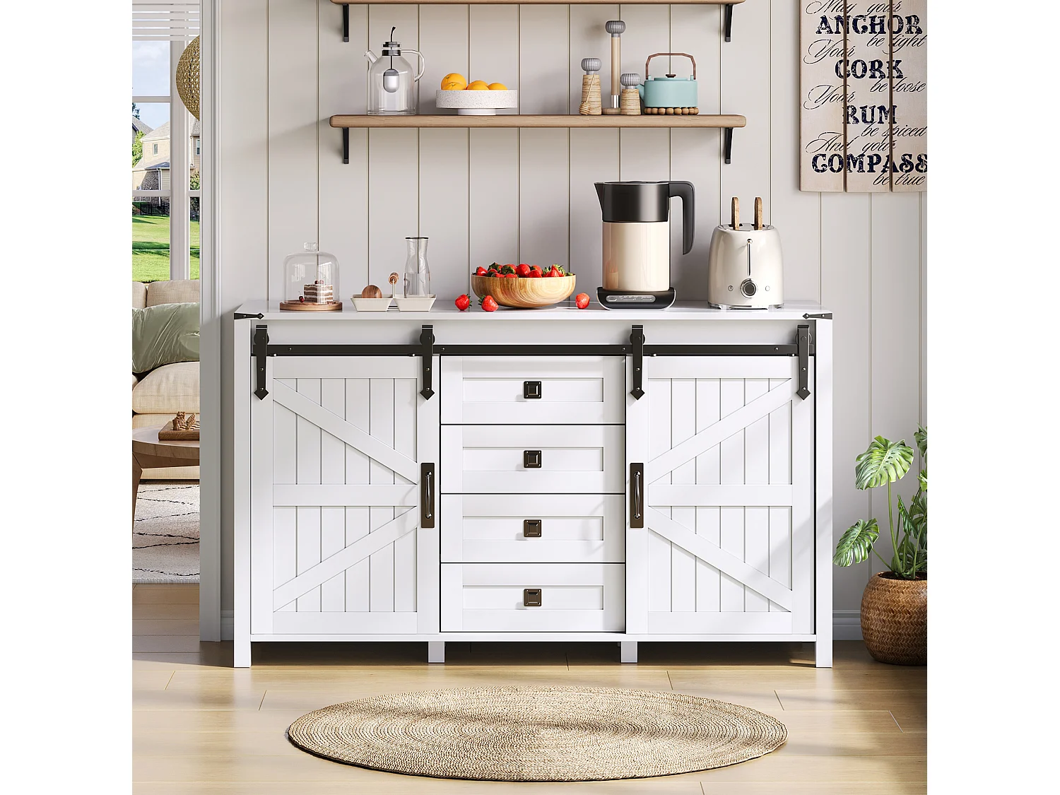 Buffet moderne - 137 x 40 x 81.5 cm - avec 2 portes coulissantes + 4 tiroirs - MDF - blanc