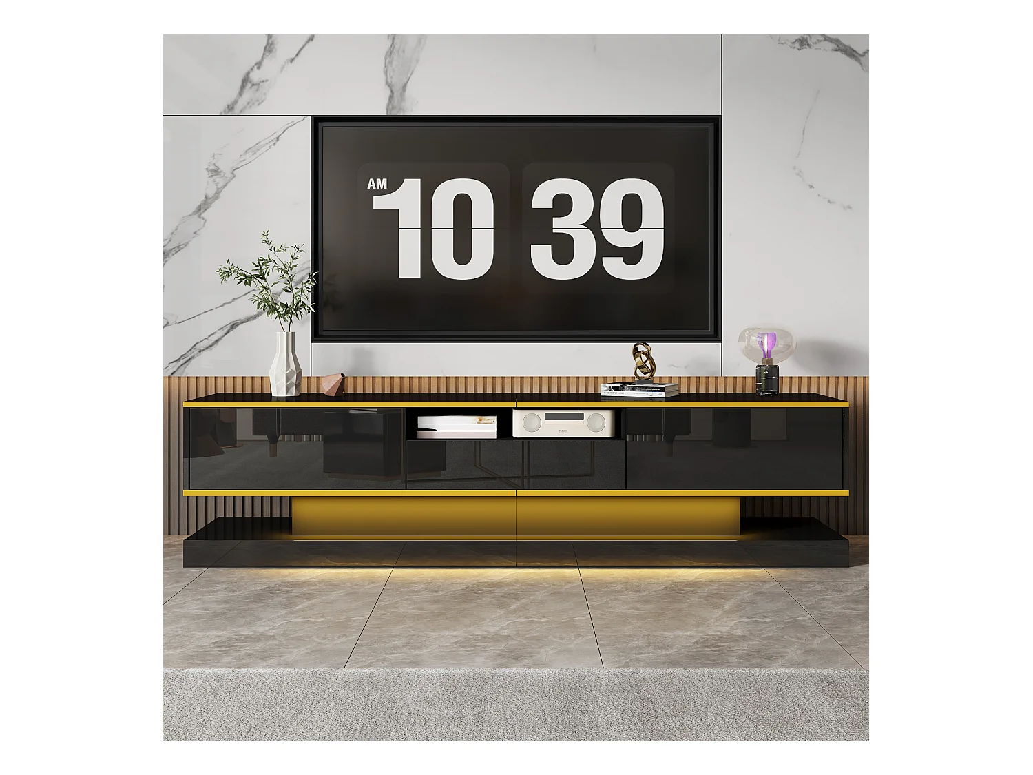 Moderne tv-kast - 180 x 38 x 45 cm - met 3 lades - Hoogglansafwerking + LED's - Spaanplaat - Zwart