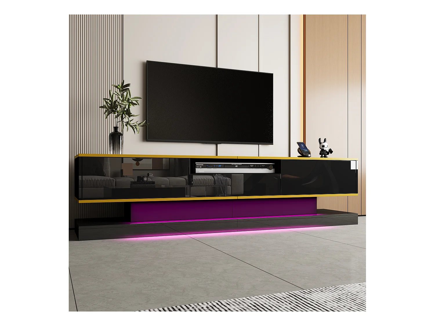 Moderne tv-kast - 180 x 38 x 45 cm - met 3 lades - Hoogglansafwerking + LED's - Spaanplaat - Zwart