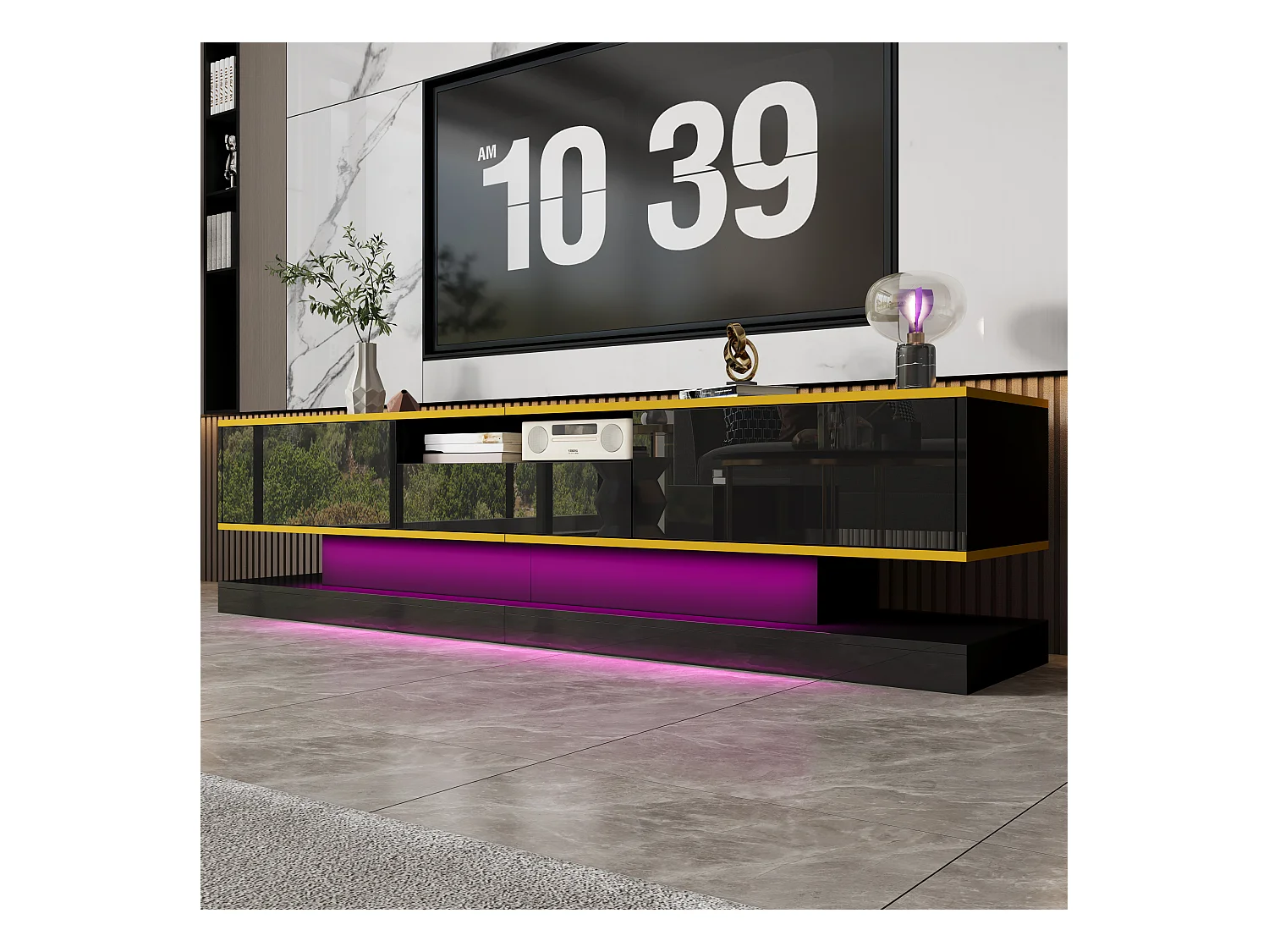 Moderne tv-kast - 180 x 38 x 45 cm - met 3 lades - Hoogglansafwerking + LED's - Spaanplaat - Zwart