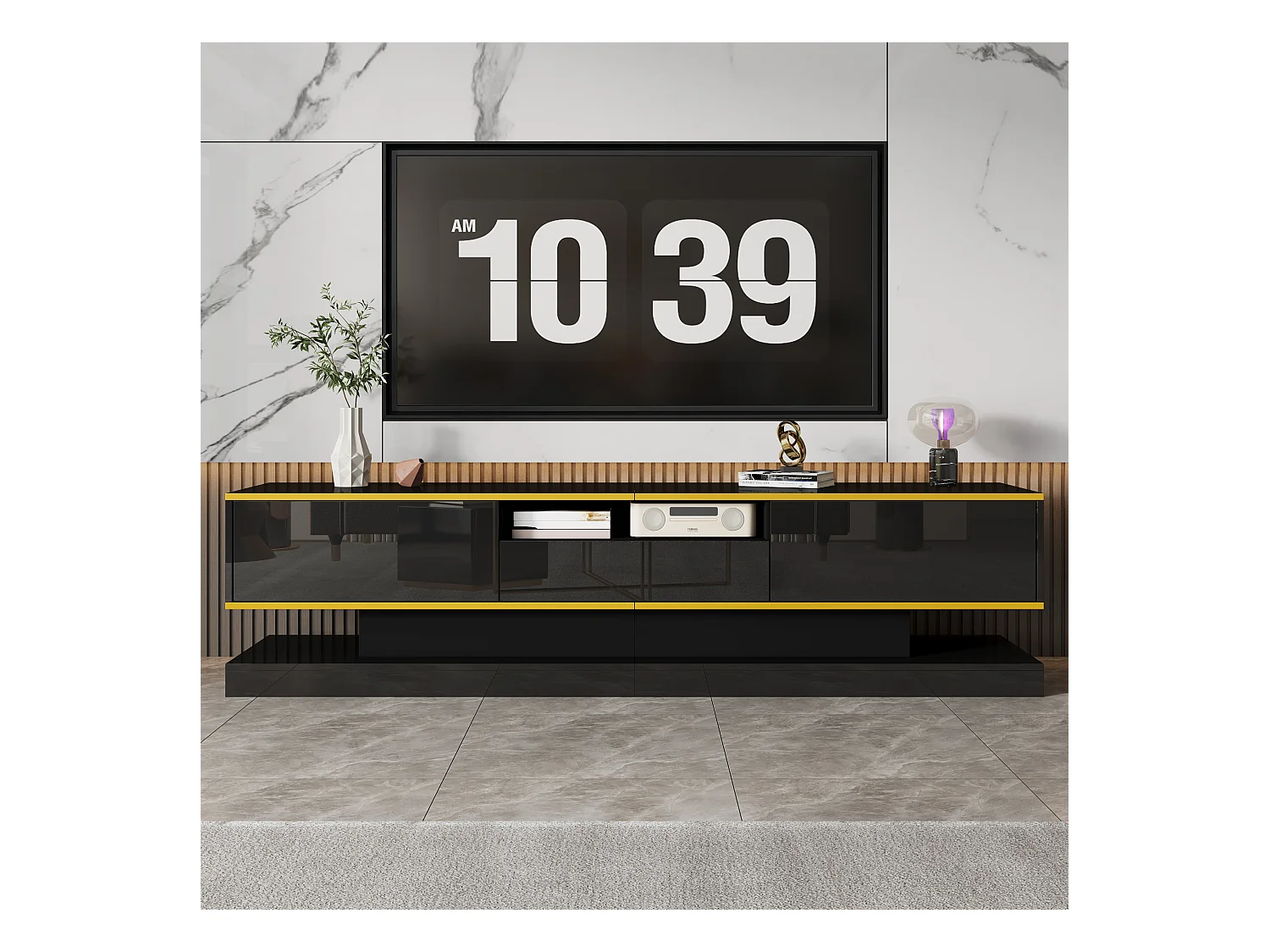 Moderne tv-kast - 180 x 38 x 45 cm - met 3 lades - Hoogglansafwerking + LED's - Spaanplaat - Zwart