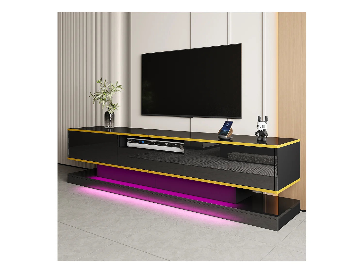 Moderne tv-kast - 180 x 38 x 45 cm - met 3 lades - Hoogglansafwerking + LED's - Spaanplaat - Zwart