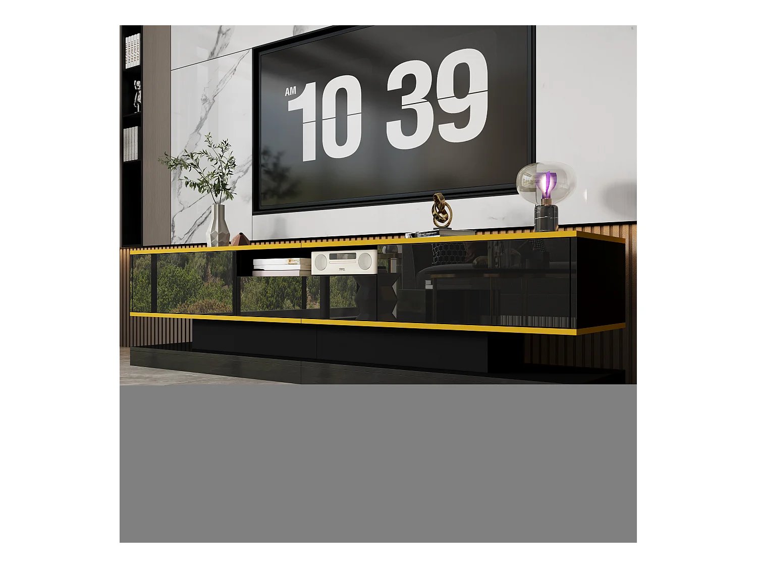 Moderne tv-kast - 180 x 38 x 45 cm - met 3 lades - Hoogglansafwerking + LED's - Spaanplaat - Zwart