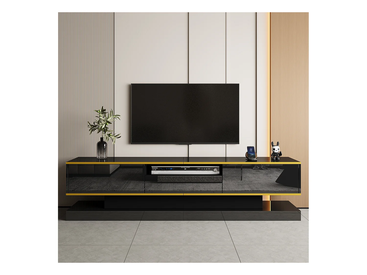 Moderne tv-kast - 180 x 38 x 45 cm - met 3 lades - Hoogglansafwerking + LED's - Spaanplaat - Zwart