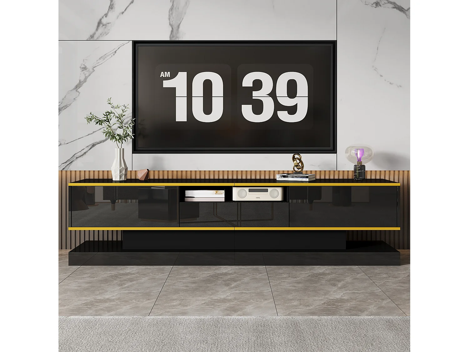 Modernes TV-Lowboard – 180 x 38 x 45 cm – mit 3 Schubladen – Hochglanz + LEDs – Spanplatte – Schwarz