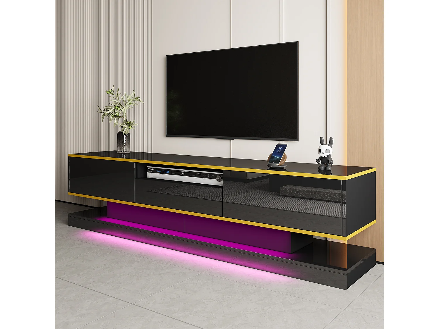 Modernes TV-Lowboard – 180 x 38 x 45 cm – mit 3 Schubladen – Hochglanz + LEDs – Spanplatte – Schwarz