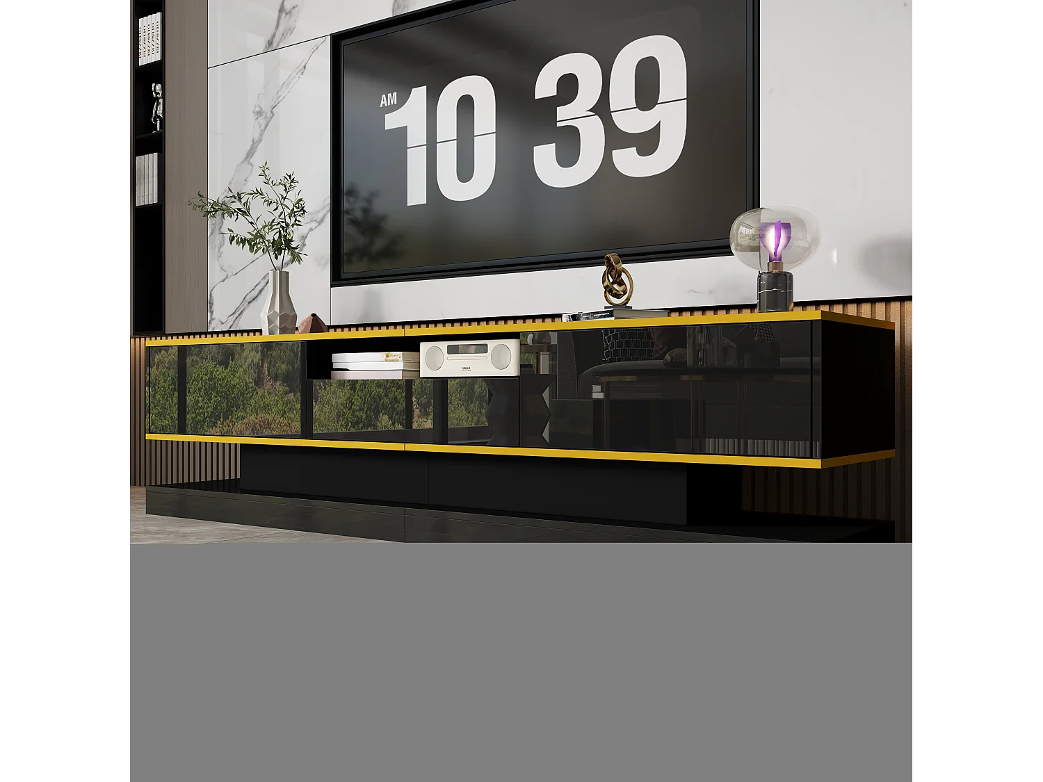 Modernes TV-Lowboard – 180 x 38 x 45 cm – mit 3 Schubladen – Hochglanz + LEDs – Spanplatte – Schwarz