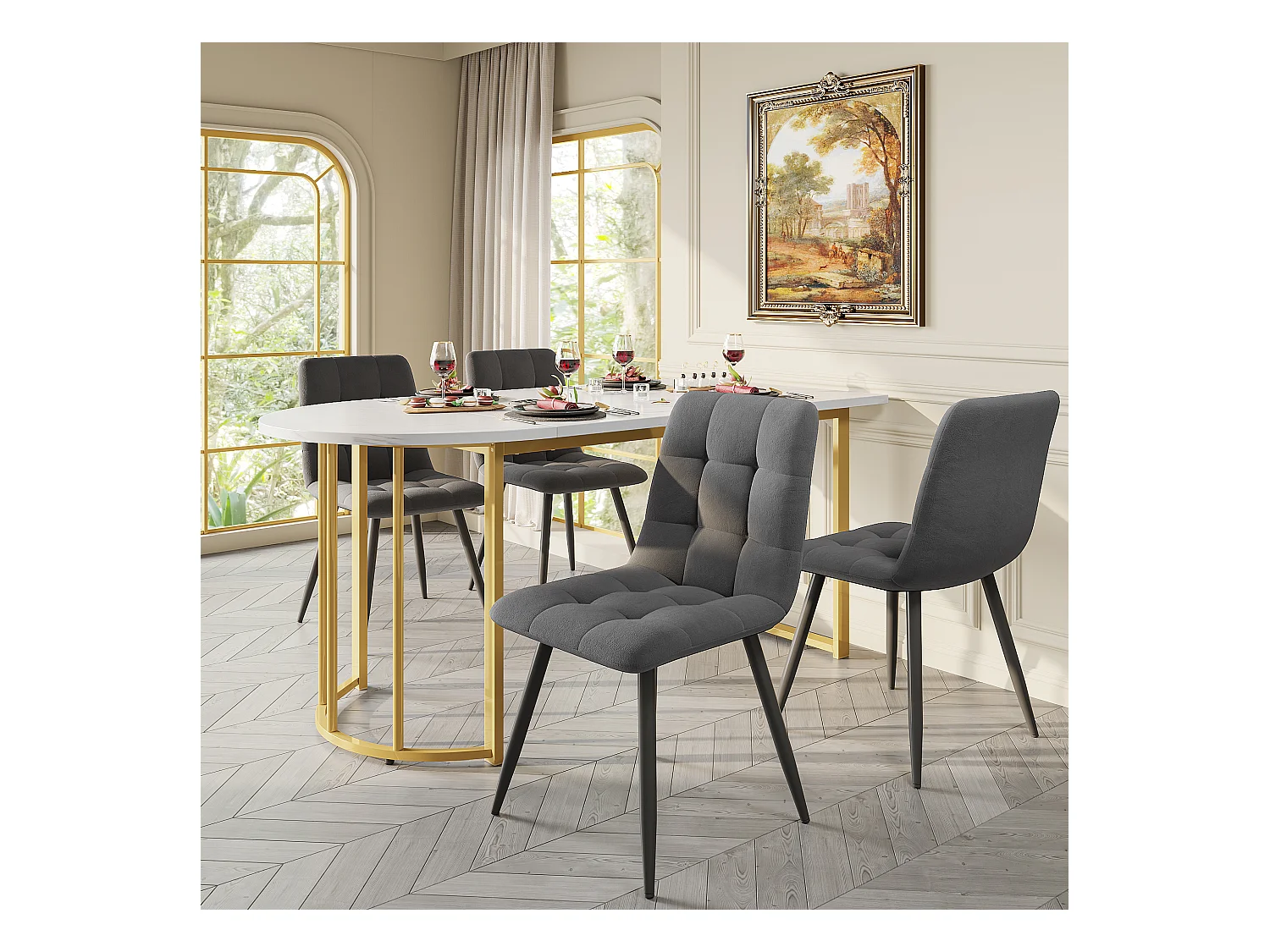 Lot de 5 table à manger et chaises - 139 x 80 x 75 cm + 44 x 46 x 86 cm - table avec pieds doré - MDF - gris