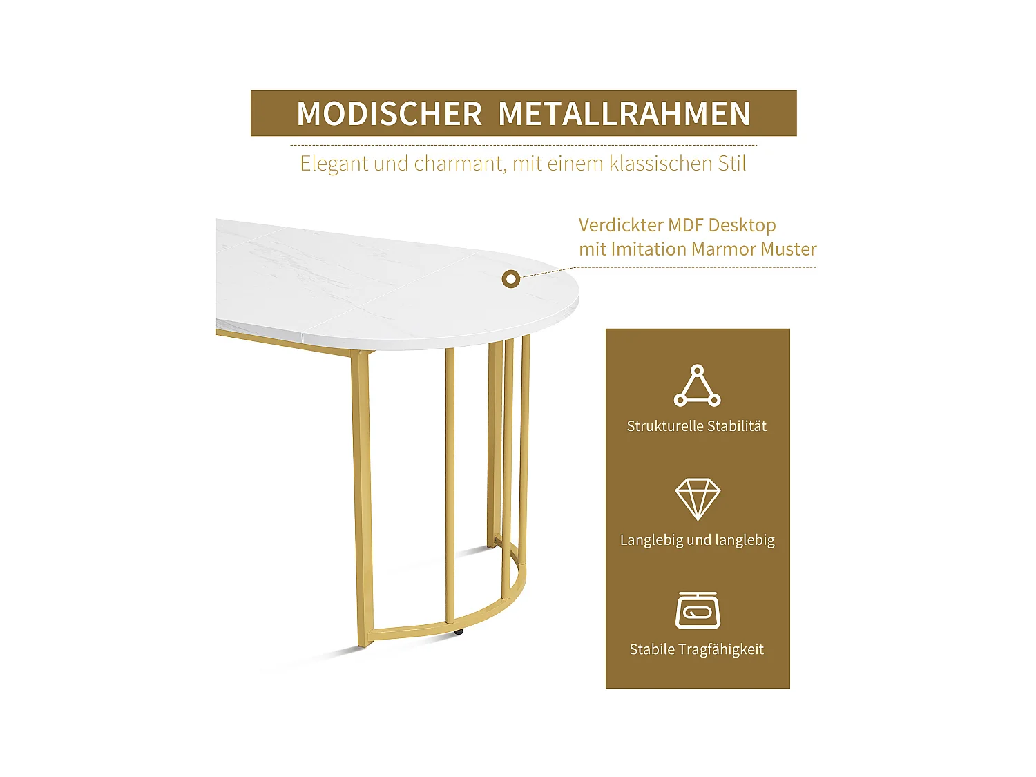 5er-Set Esstische und Stühle – 139 x 80 x 75 cm + 44 x 46 x 86 cm – Tisch mit goldenen Beinen – MDF – Grau