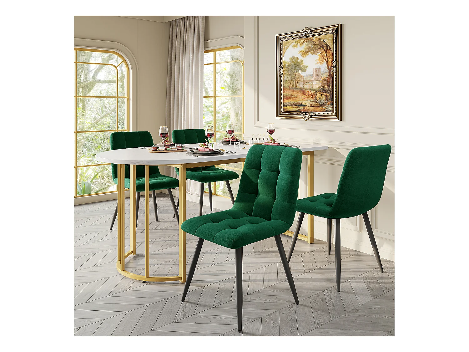 5er-Set Esstische und Stühle – 139 x 80 x 75 cm + 44 x 46 x 86 cm – Tisch mit goldenen Beinen – MDF – Grün
