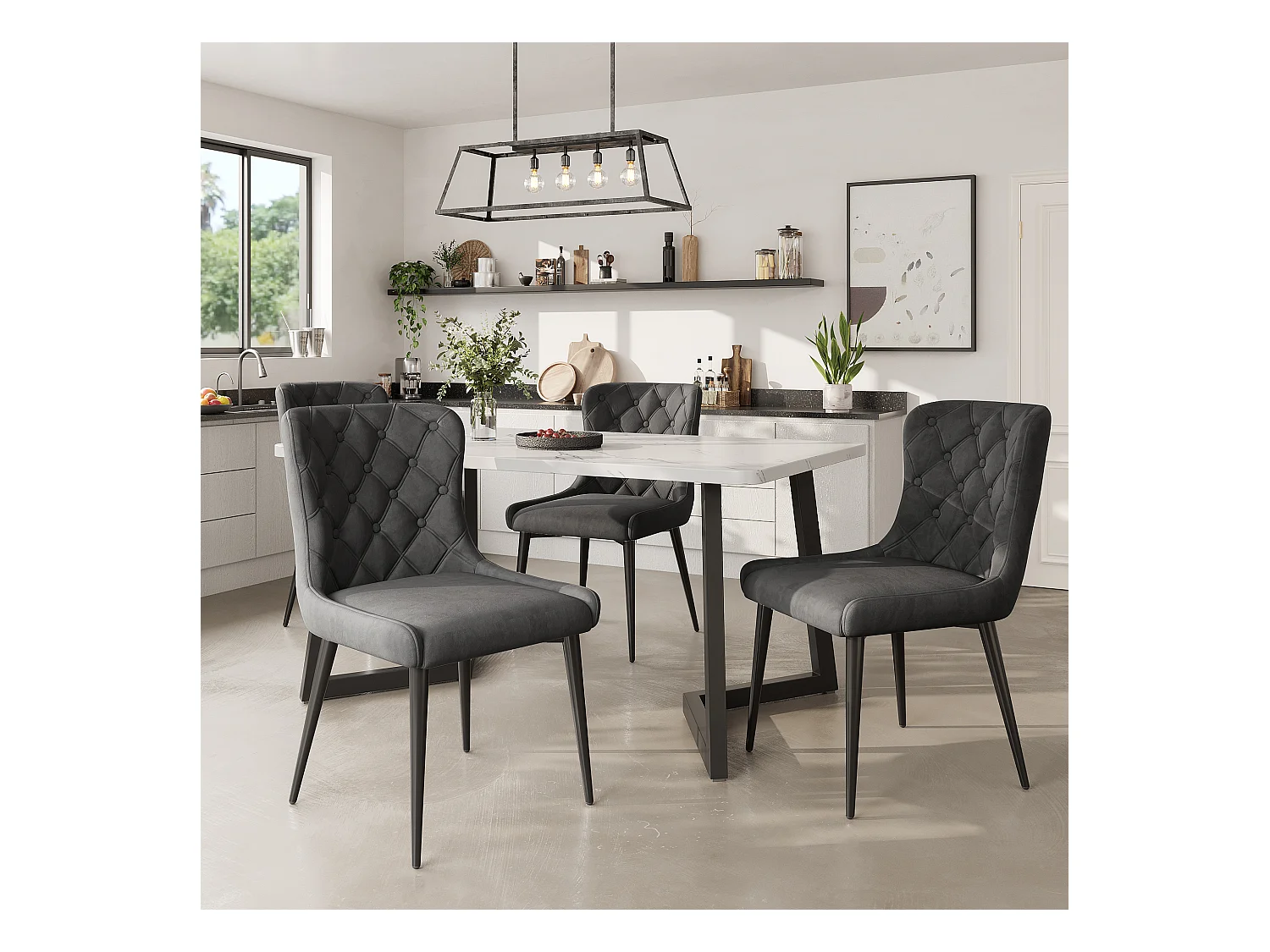 5er-Set Esstische und Stühle – 117 x 68 x 75 cm + 50 x 63 x 86 cm – Tisch mit Eisenbeinen – MDF – Dunkelgrau