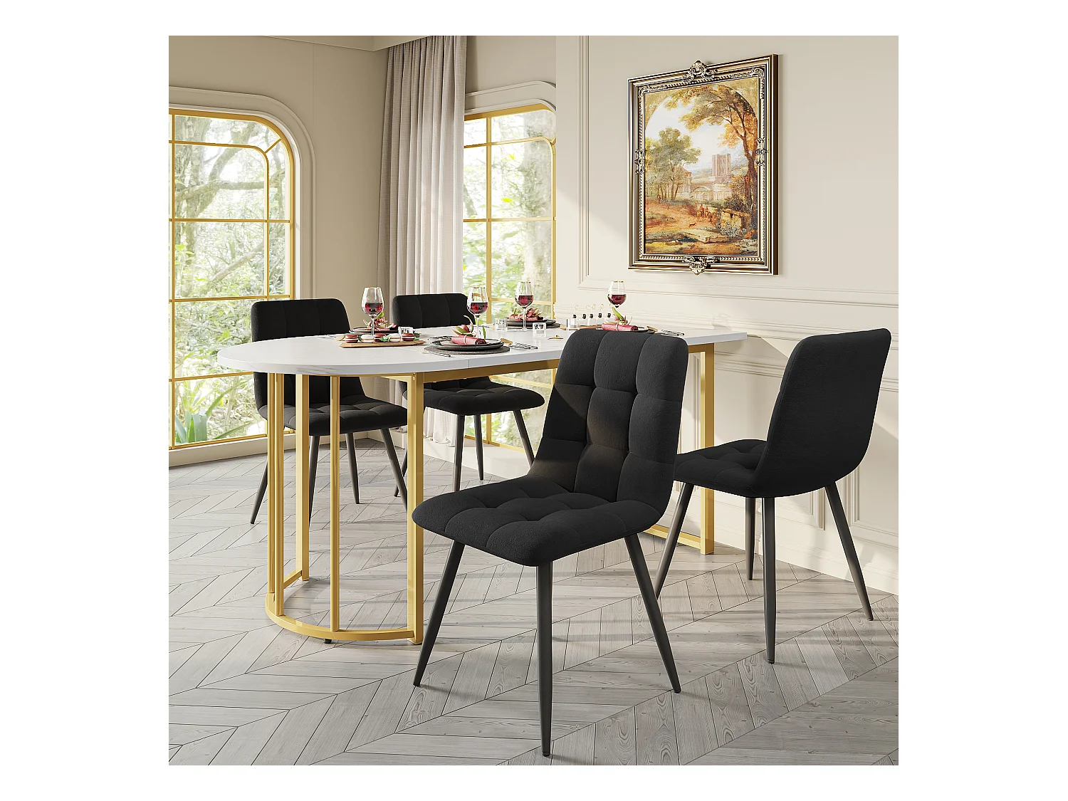 Lot de 5 table à manger et chaises - 139 x 80 x 75 cm + 44 x 46 x 86 cm - table avec pieds doré - MDF - noir