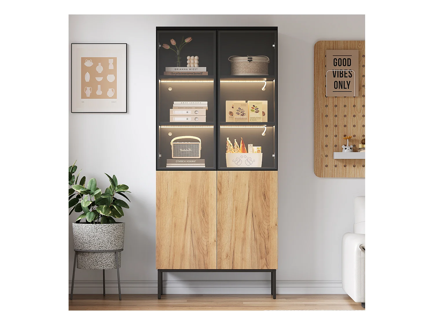 Vitrine avec portes vitrées - 80 x 35 x 180 cm - avec Leds + 2 portes - 5 niveaux pour rangement - noir + naturel