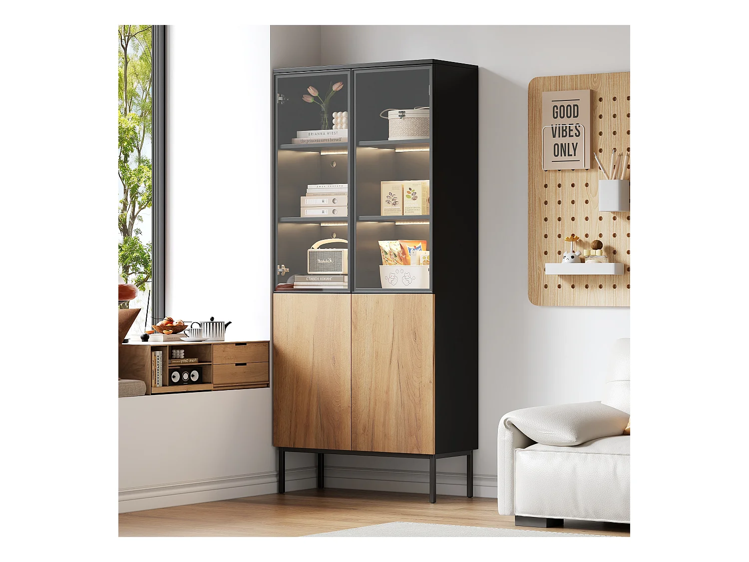 Vitrine avec portes vitrées - 80 x 35 x 180 cm - avec Leds + 2 portes - 5 niveaux pour rangement - noir + naturel