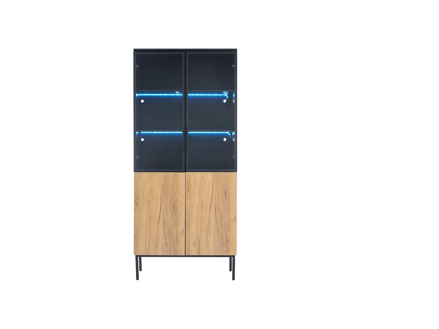 Vitrine avec portes vitrées - 80 x 35 x 180 cm - avec Leds + 2 portes - 5 niveaux pour rangement - noir + naturel