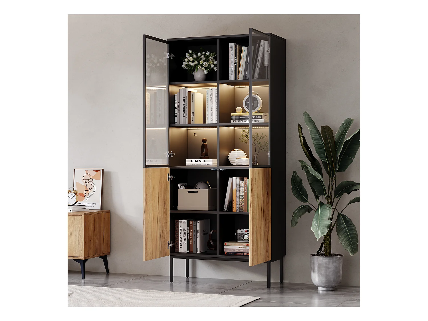 Vitrine avec portes vitrées - 80 x 35 x 180 cm - avec Leds + 2 portes - 5 niveaux pour rangement - noir + naturel
