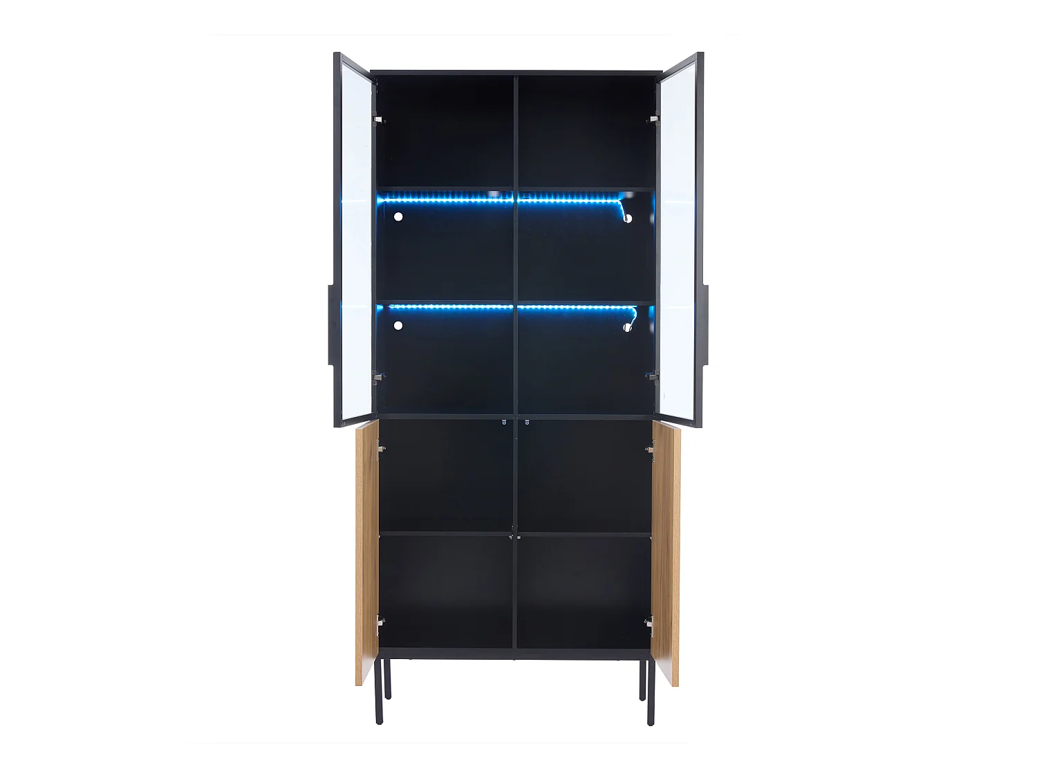 Vitrine avec portes vitrées - 80 x 35 x 180 cm - avec Leds + 2 portes - 5 niveaux pour rangement - noir + naturel