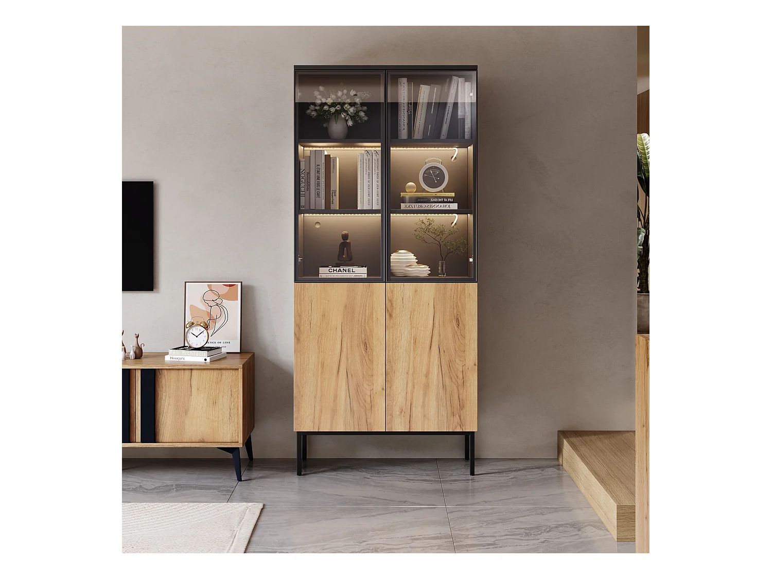 Vitrine avec portes vitrées - 80 x 35 x 180 cm - avec Leds + 2 portes - 5 niveaux pour rangement - noir + naturel