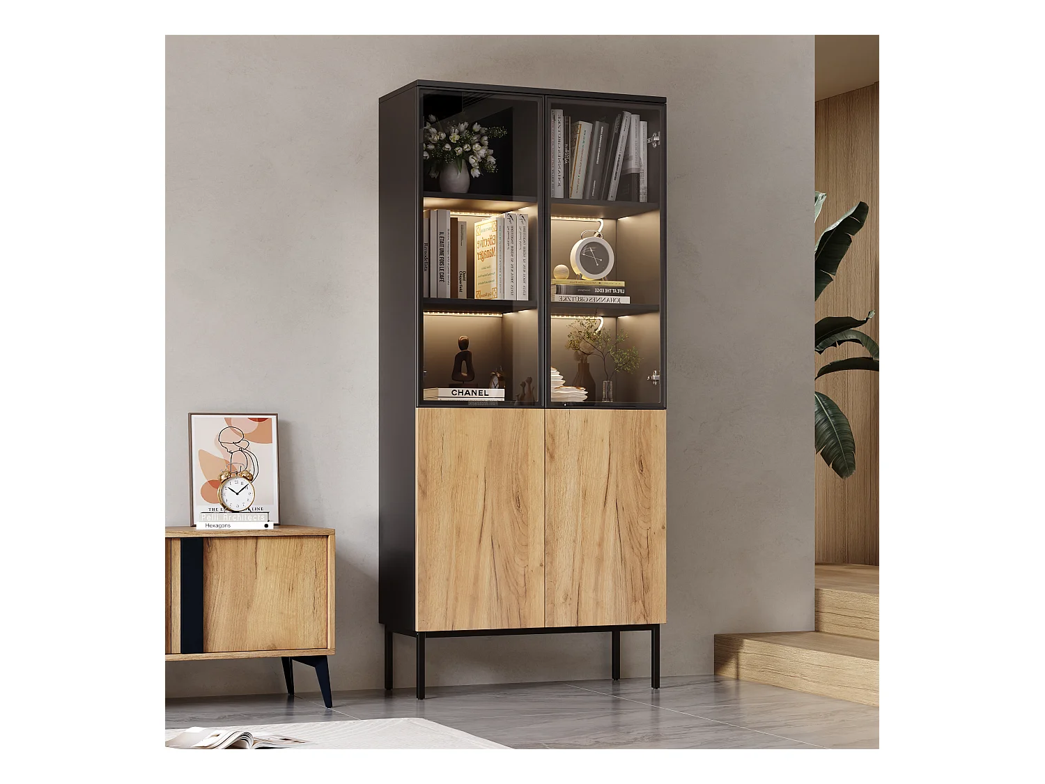 Vitrine avec portes vitrées - 80 x 35 x 180 cm - avec Leds + 2 portes - 5 niveaux pour rangement - noir + naturel